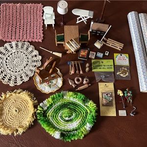 Assorted Dollhouse Furniture and Accessories including wallpaper and rugs